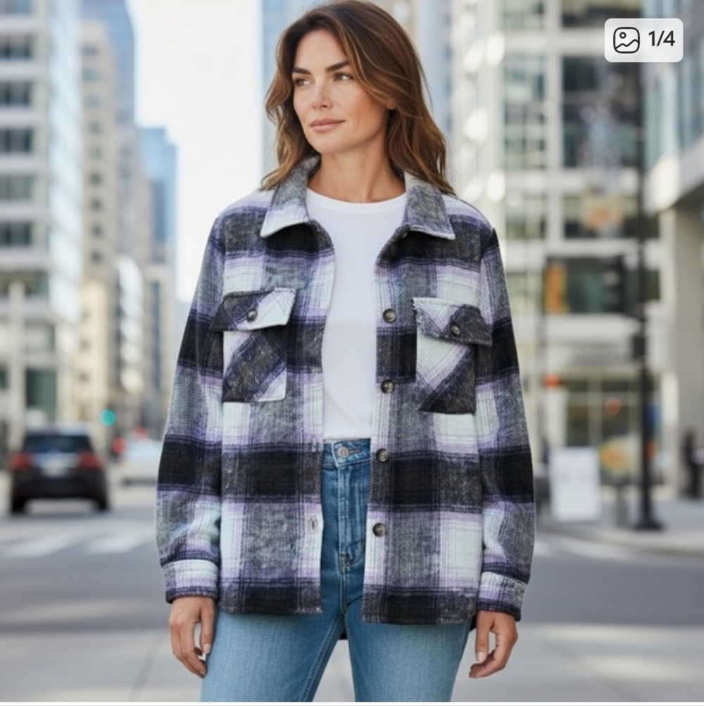 NEW Umgee Light Purple Black White Brown Plaid Flannel Button Up Shacket Jacket